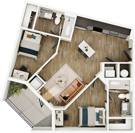 B1 floor plan diagram — 2 Bed · 2 Bath · 713 sq ft