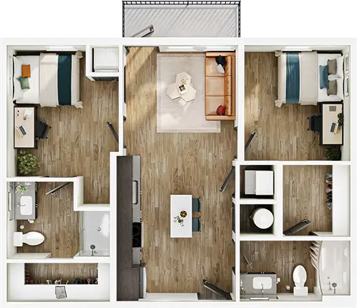 B2 floor plan diagram — 2 Bed · 2 Bath · 787-798 sq ft