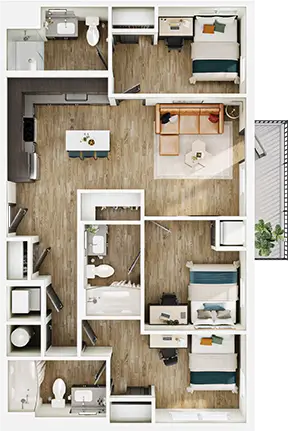 C1 floor plan diagram — 3 Bed · 3 Bath · 1,036-1,047 sq ft