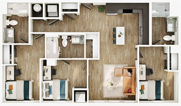 C3 floor plan diagram — 3 Bed · 3 Bath · 1,043-1,064 sq ft