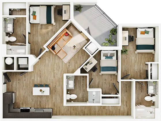 C5 floor plan diagram — 3 Bed · 3 Bath · 1,065-1,078 sq ft