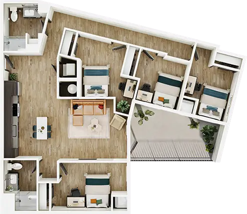 D1 floor plan diagram — 4 Bed · 2 Bath · 1,259-1,264 sq ft