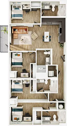 D4 floor plan diagram — 4 Bed · 4 Bath · 1,275-1,276 sq ft