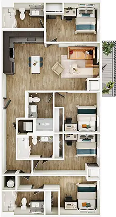 D6 floor plan diagram — 4 Bed · 4 Bath · 1,276-1,278 sq ft