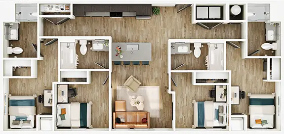 D7 floor plan diagram — 4 Bed · 4 Bath · 1,277-1,287 sq ft