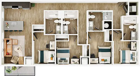 D8 floor plan diagram — 4 Bed · 4 Bath · 1,283-1,286 sq ft