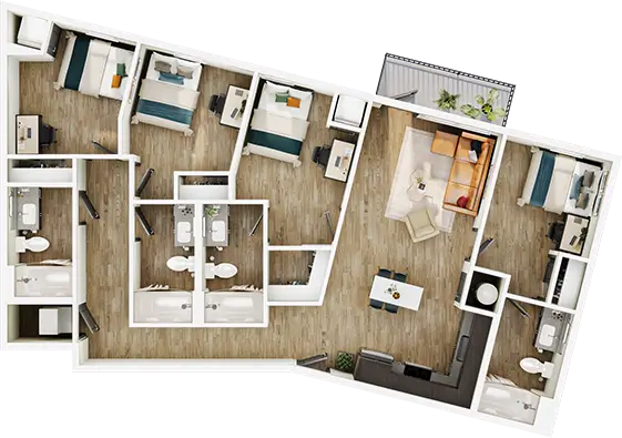 D9 floor plan diagram — 4 Bed · 4 Bath · 1,317-1,318 sq ft